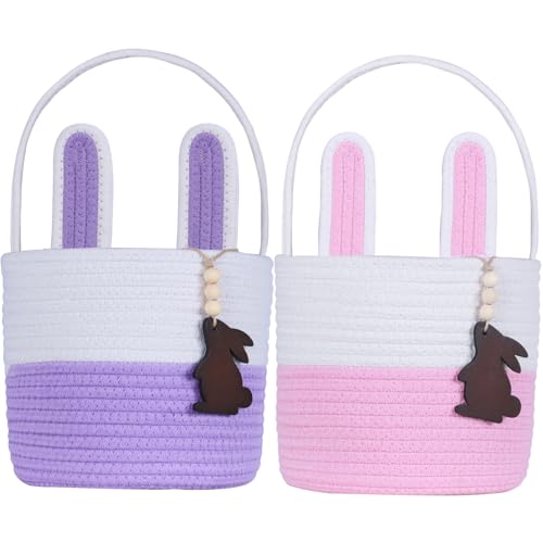 K-MLICE Easter Basket Empty 2 PCS Bunny Woven Rope Easter Baskets for Kids Easter Hunt Baskets with Handle Bags Easter Gifts for Kids Toddlers Girls Boys Teens Set of 2 Pink and Purple - Image 1