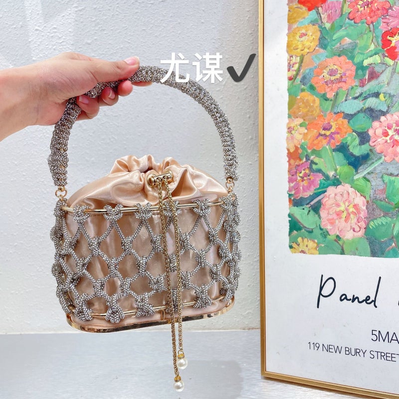 Silver Metal Shiny Handmade Rhinestone Vegetable Basket Bucket Banquet Diamond Silk Hand Crossbody Bag - Image 4