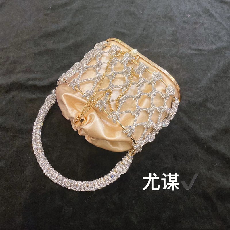 Silver Metal Shiny Handmade Rhinestone Vegetable Basket Bucket Banquet Diamond Silk Hand Crossbody Bag - Image 5