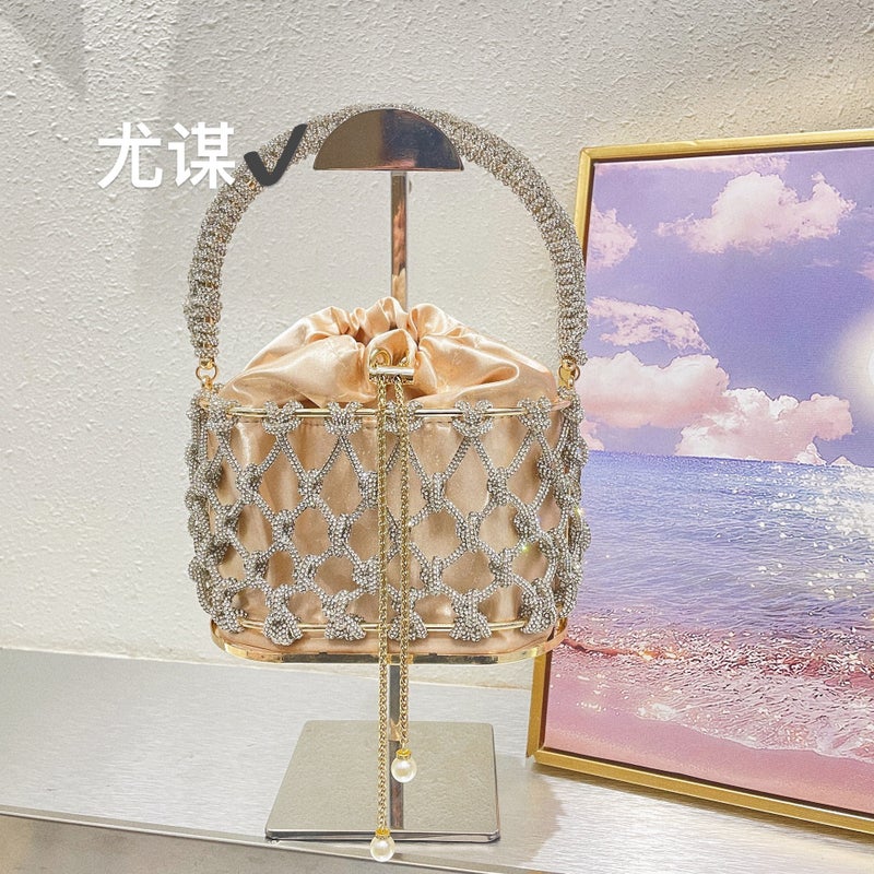 Silver Metal Shiny Handmade Rhinestone Vegetable Basket Bucket Banquet Diamond Silk Hand Crossbody Bag - Image 2