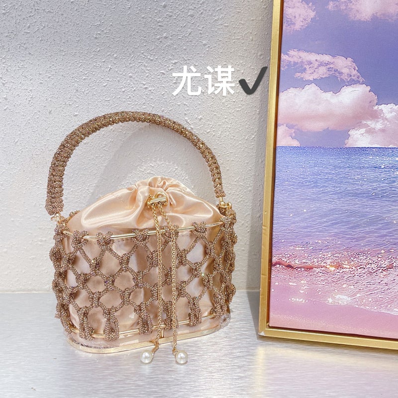 Silver Metal Shiny Handmade Rhinestone Vegetable Basket Bucket Banquet Diamond Silk Hand Crossbody Bag - Image 1