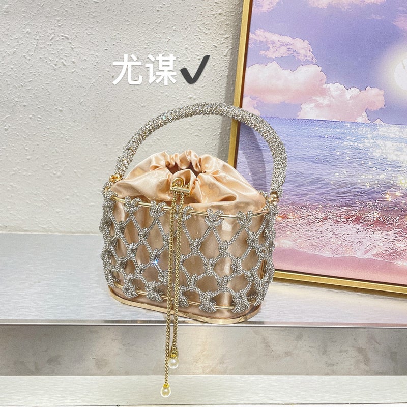 Silver Metal Shiny Handmade Rhinestone Vegetable Basket Bucket Banquet Diamond Silk Hand Crossbody Bag - Image 3