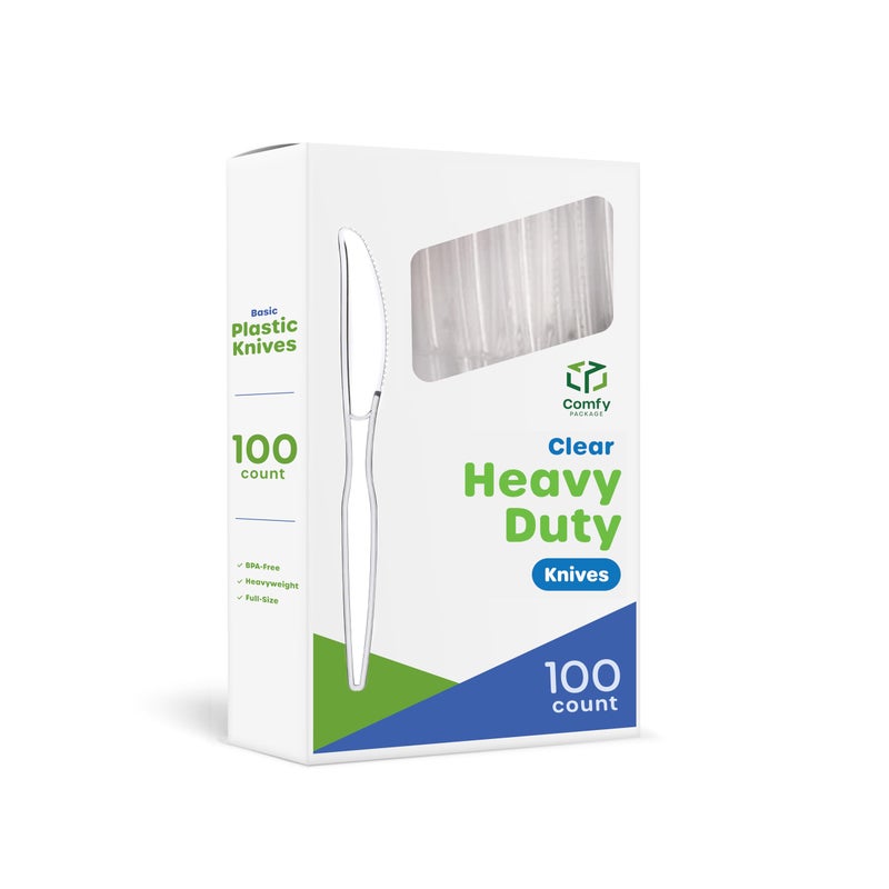 Comfy Package [100 Pack Heavy Duty Disposable Clear Plastic Knives - Basic Cutlery for Parties  Events  and Everyday Use - Image 1
