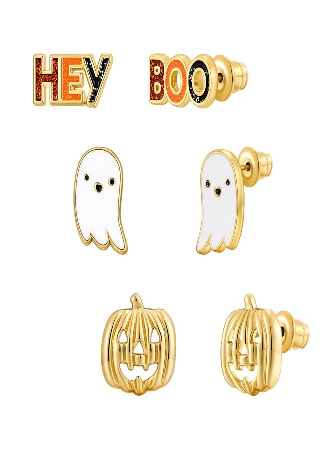 WOWORAMA 3 Pairs Halloween Stud Earrings Set for Women Spooky Ghost Pumpkin Earrings Happy Halloween Hey Boo Pierced Earring Jewelry Set - Image 1
