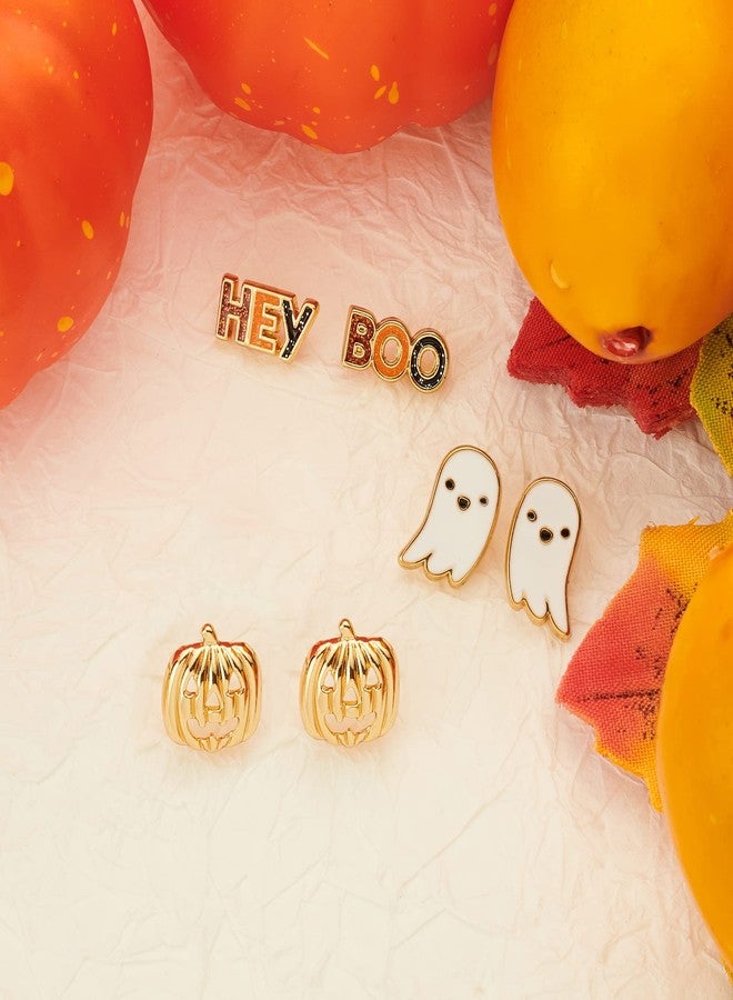 WOWORAMA 3 Pairs Halloween Stud Earrings Set for Women Spooky Ghost Pumpkin Earrings Happy Halloween Hey Boo Pierced Earring Jewelry Set - Image 2