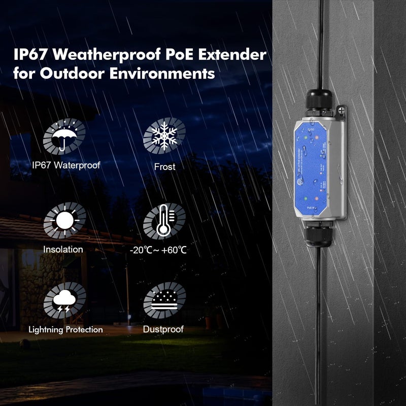 Binardat IP67 Outdoor Gigabit PoE Passthrough Switch - 1 in 1 Out Extender, IEEE802.3af/at/bt Powered 90W, Ethernet 10/100/1000Mbps, Metal Wall Mount Waterproof Plug and Play - Image 4