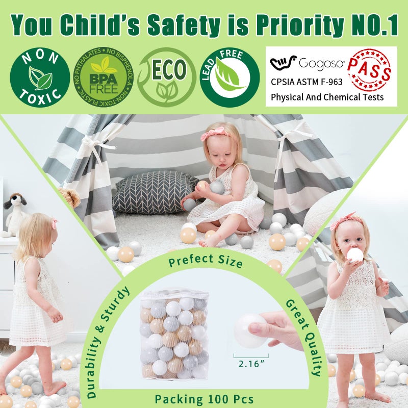 GOGOSO Play Balls for Toddlers - 100 pcs Ball Pits Balls Beige Grey White, BPA Free Plastic Balls for Ball Pit Toys Crush Balls for Boys Girls Toddlers - Image 4