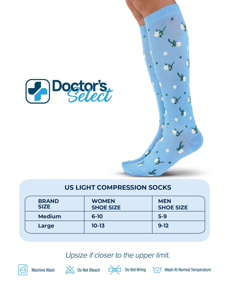 Doctor's Select Bamboo Viscose Light Compression Socks for Women & Men - 3 Pairs, Knee High Comfort and Support, 8-15 mmHg Bamboo Compression Socks Women, Flowers (White, Light Blue, Peach) - Image 5