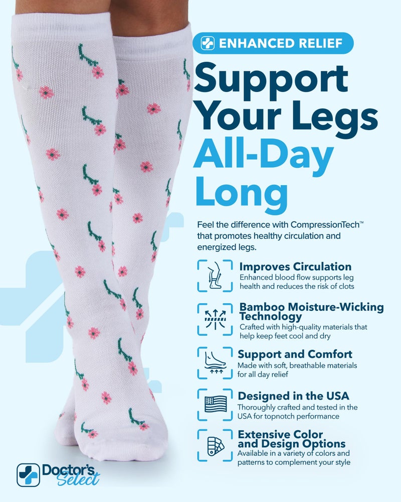 Doctor's Select Bamboo Viscose Light Compression Socks for Women & Men - 3 Pairs, Knee High Comfort and Support, 8-15 mmHg Bamboo Compression Socks Women, Flowers (White, Light Blue, Peach) - Image 2