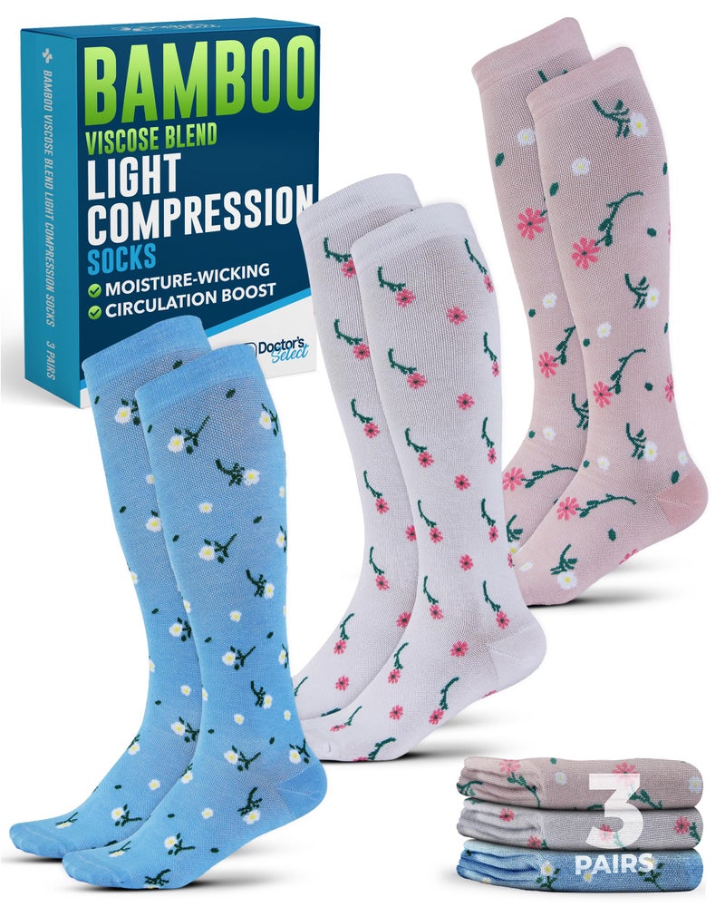 Doctor's Select Bamboo Viscose Light Compression Socks for Women & Men - 3 Pairs, Knee High Comfort and Support, 8-15 mmHg Bamboo Compression Socks Women, Flowers (White, Light Blue, Peach) - Image 1