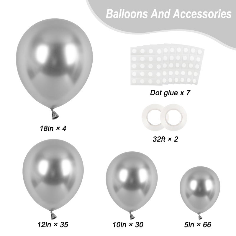 RUBFAC 135pcs Metallic Silver Balloons Different Sizes 18 12 10 5 Inch for Garland Arch, Latex Balloon for Birthday Party Graduation Wedding Decorations - Image 2