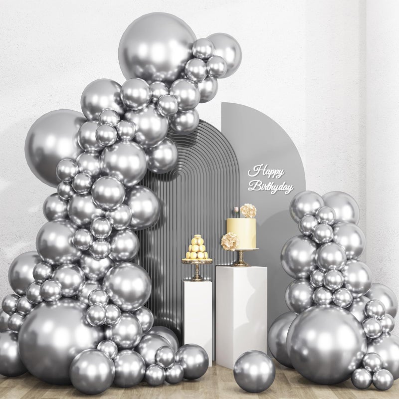 RUBFAC 135pcs Metallic Silver Balloons Different Sizes 18 12 10 5 Inch for Garland Arch, Latex Balloon for Birthday Party Graduation Wedding Decorations - Image 1