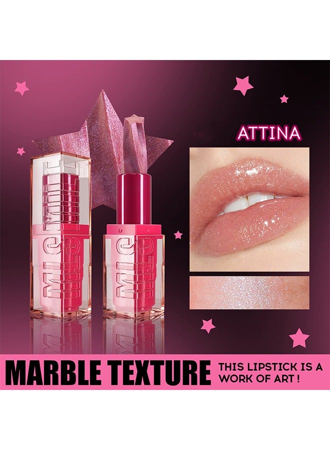RoyueS Glitter Marble Lipstick, Five-Pointed Star Pearlescent Lip Gloss, Long Lasting Non-sticky Highly Pigmented Shimmer Delicate Lip Glaze for Daily Lip Makeup # ATTINA - Image 2