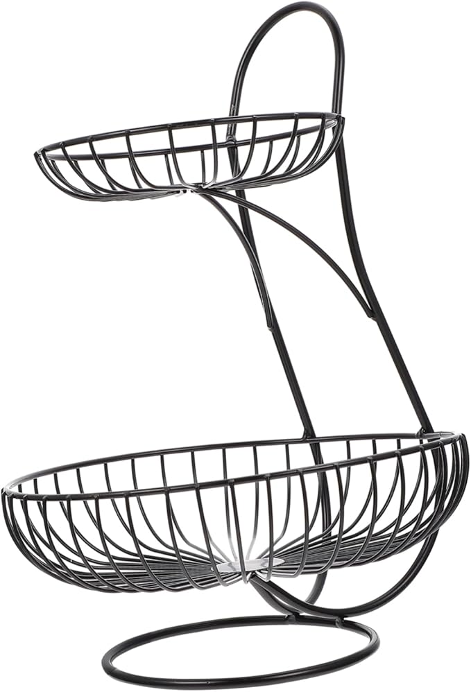 Double Layer Wrought Iron Fruit Basket Elegant Black Tray For Kitchen Counter Dining Table - Image 1