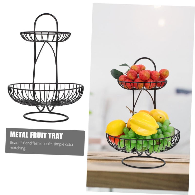 Double Layer Wrought Iron Fruit Basket Elegant Black Tray For Kitchen Counter Dining Table - Image 5