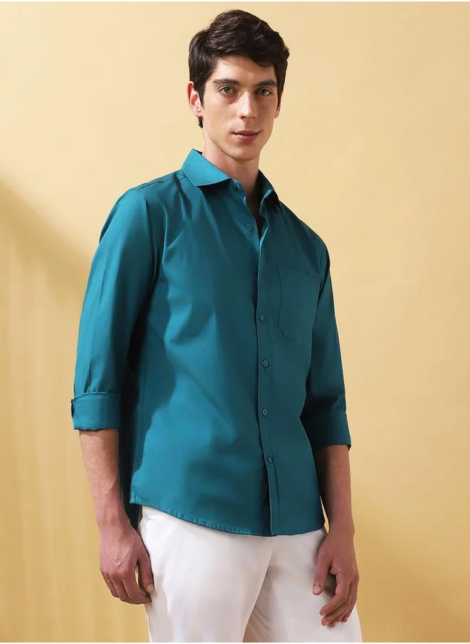 دينيس لينغو Teal 40's poplin Solid Pattern Regular Fit Shirts for Men with Spread collar Neckline Full Sleeves Regular Length Upper Body Wear Button Down Button Closure Woven Weave - Perfect for Lifestyle Occasions
