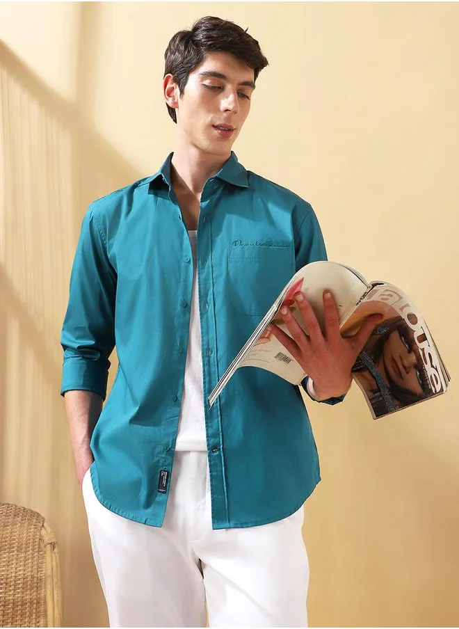 دينيس لينغو Teal 40's poplin Solid Pattern Regular Fit Shirts for Men with Spread collar Neckline Full Sleeves Regular Length Upper Body Wear Button Down Button Closure Woven Weave - Perfect for Lifestyle Occasions