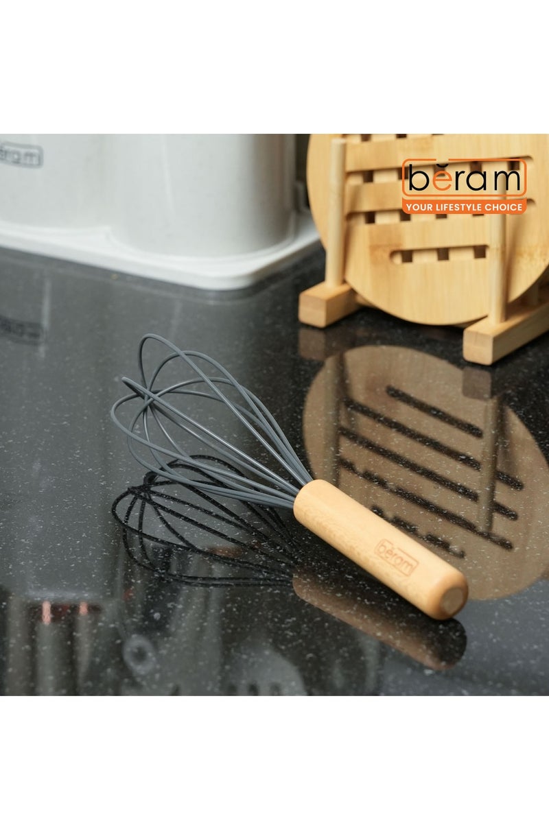 بيرام مجموعة أدوات مطبخ غير لاصقة من بيرام، مصنوعة من السيليكون ومقابض خشبية، مقاومة للحرارة وخالية من مادة BPA، للطهي والخبز والخفق والخلط - لون رمادي (مضرب واحد) - Image 3
