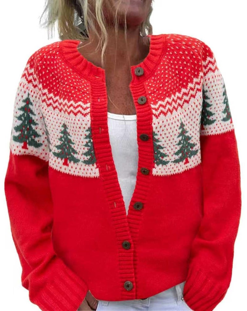 Beopjesk Women's Funny Fall Winter Long Sleeve Christmas Tree Elk Santa Claus Xmas Button Knit Cardigan Sweater Vintage Knitted Outerwear(25-Xmas-5,XXL) - Image 1