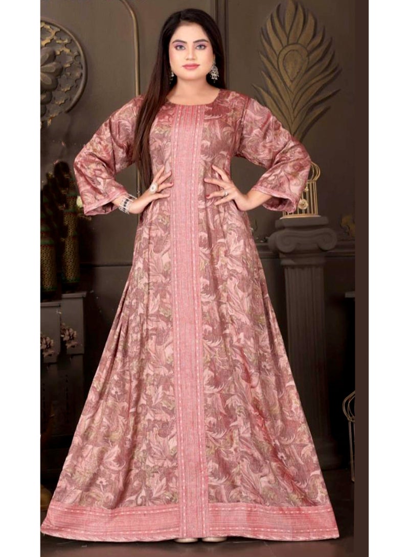 زينة فستان جلابية نسائي طويل فاخر من نسيج الحرير الصناعي - بأكمام كاملة وياقة دائرية - نقوش لامعة للمناسبات - Image 1