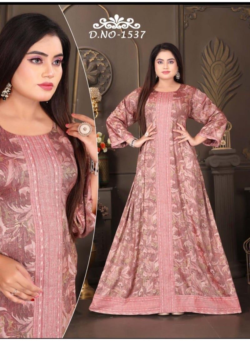 زينة فستان جلابية نسائي طويل فاخر من نسيج الحرير الصناعي - بأكمام كاملة وياقة دائرية - نقوش لامعة للمناسبات - Image 3