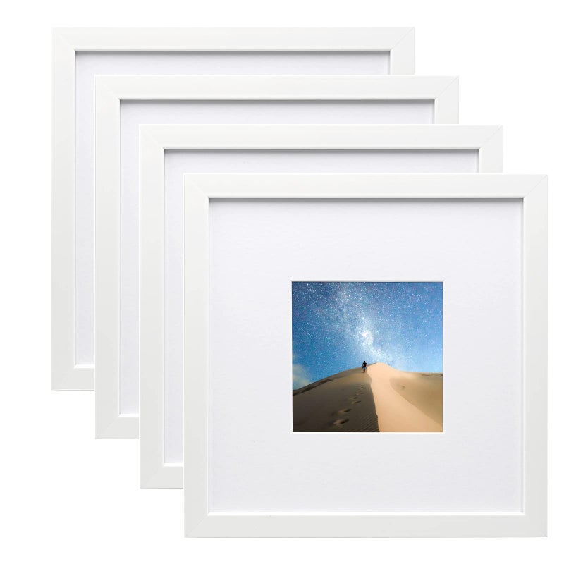 KINLINK 8x8 Picture Frames White  Photo Frames with Real glass for Picture 4x4 with Mat or 8x8 without Mat  composite Wood Picture Frames for Table Top and Wall Mounting  Set of 4