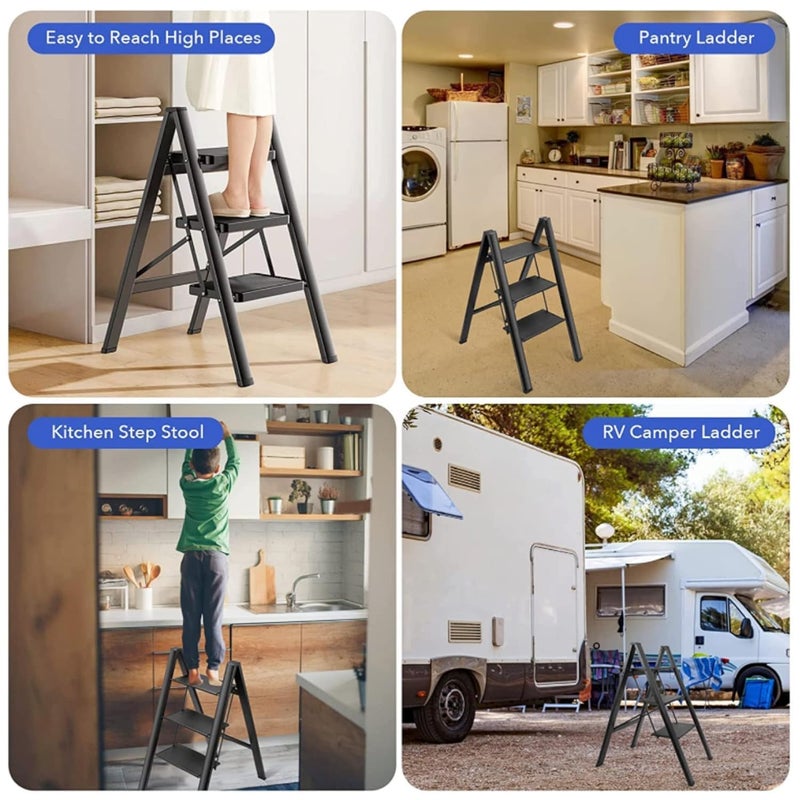 Jolfay Aluminium 3 Step Ladder with Wide Steps Lightweight Folding Ladder Portable Slim Step Stool Safety Household Ladder StepladderMultifunction Step Ladder Storage Shelf Flower Pot Stands - Image 3