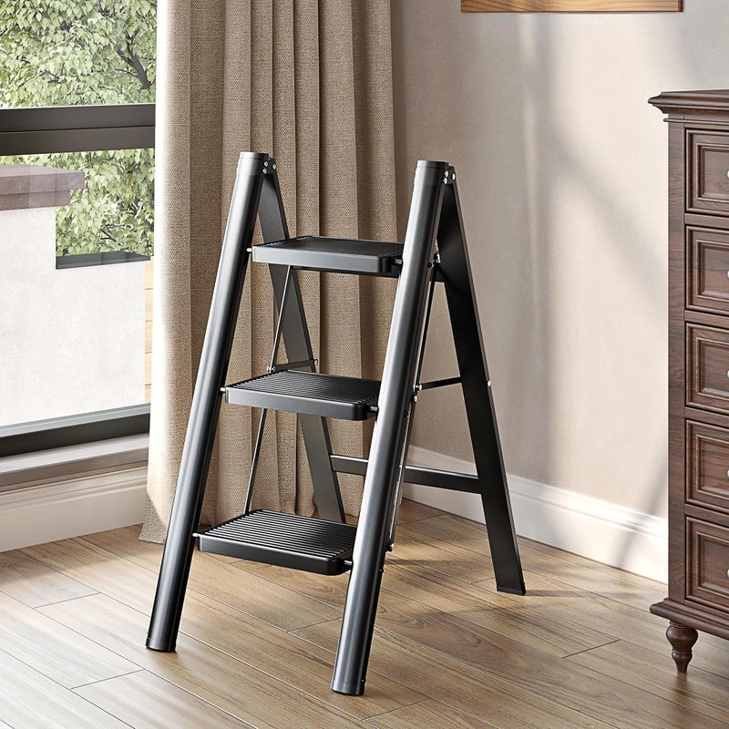 Jolfay Aluminium 3 Step Ladder with Wide Steps Lightweight Folding Ladder Portable Slim Step Stool Safety Household Ladder StepladderMultifunction Step Ladder Storage Shelf Flower Pot Stands - Image 1