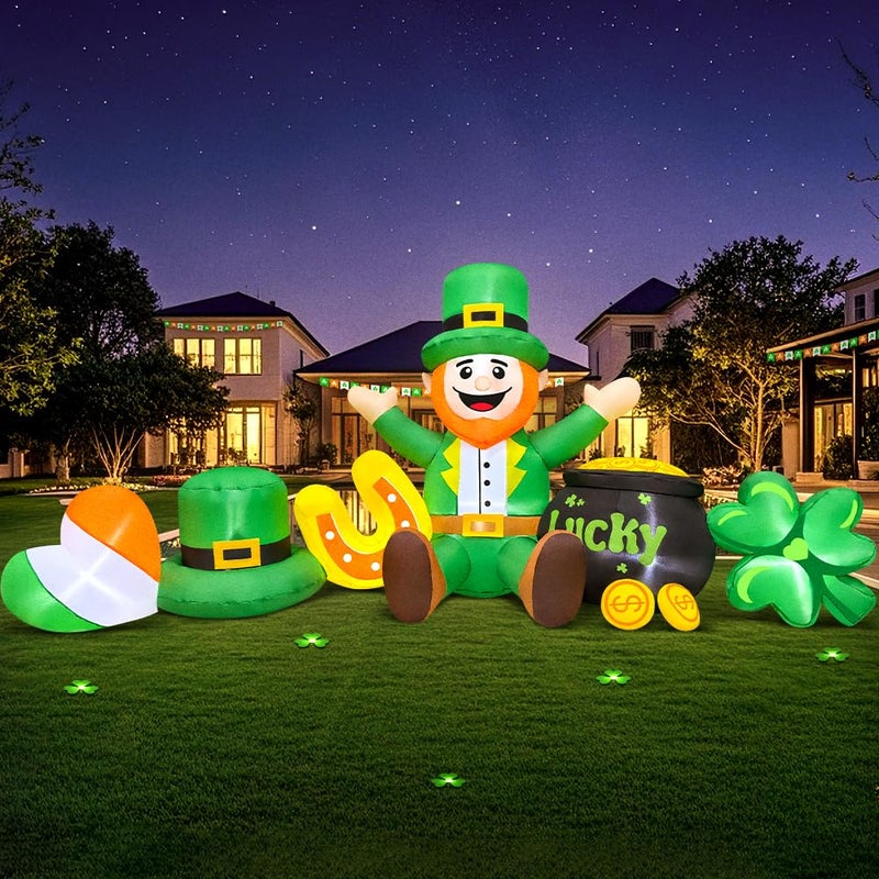 KOOY 8FT St Patricks Day Inflatables Outdoor Decorations,Inflatable Leprechaun with Clover & Gold Coins Combo Blow Up Yard Decorations for Holiday Party Yard Lawn Garden - Image 1
