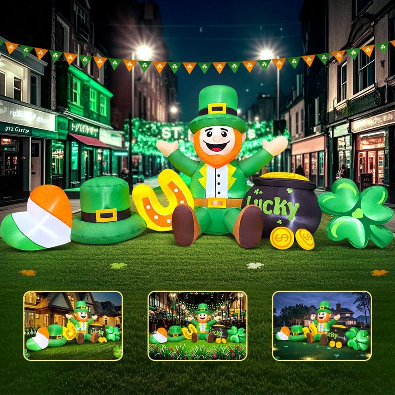 KOOY 8FT St Patricks Day Inflatables Outdoor Decorations,Inflatable Leprechaun with Clover & Gold Coins Combo Blow Up Yard Decorations for Holiday Party Yard Lawn Garden - Image 3