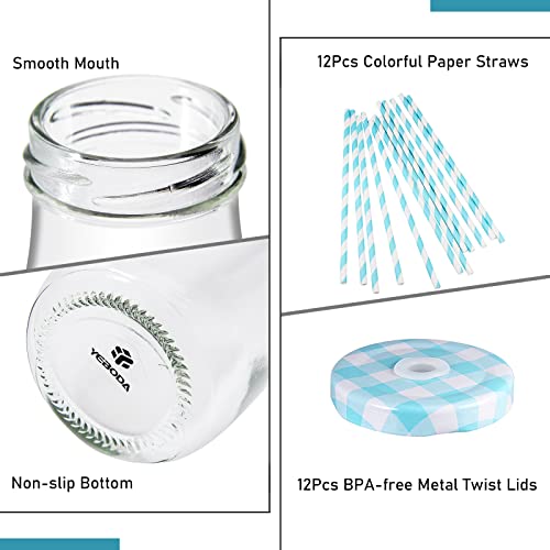YEBODA 11oz Glass Milk Bottles with Reusable Metal Twist Lids and Straws for Beverage Glassware and Drinkware Parties, Weddings, BBQ, Picnics, Set of 12 - Image 3