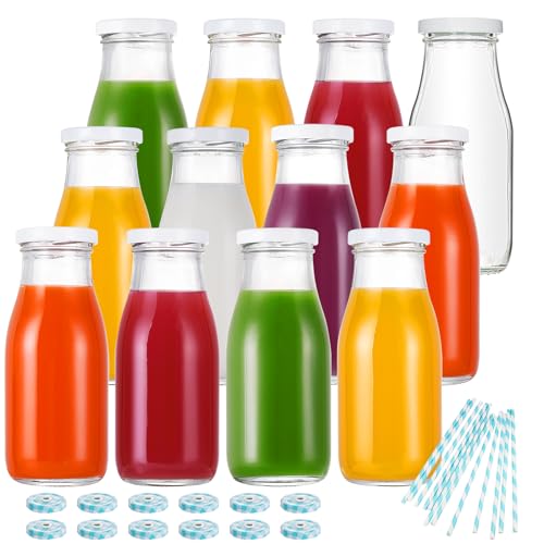 YEBODA 11oz Glass Milk Bottles with Reusable Metal Twist Lids and Straws for Beverage Glassware and Drinkware Parties, Weddings, BBQ, Picnics, Set of 12 - Image 1