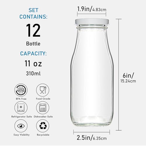 YEBODA 11oz Glass Milk Bottles with Reusable Metal Twist Lids and Straws for Beverage Glassware and Drinkware Parties, Weddings, BBQ, Picnics, Set of 12 - Image 5