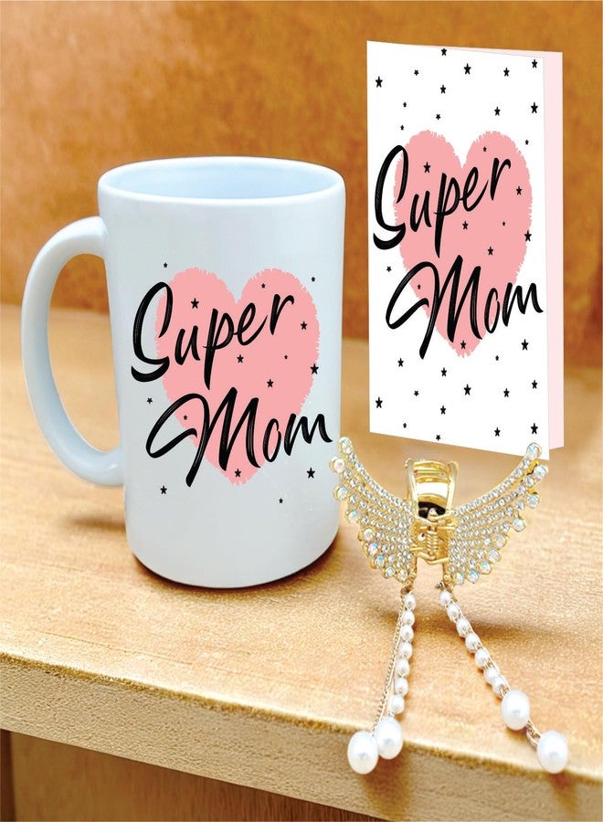 PICRAZEE مجموعة هدايا عيد الميلاد/عيد الأم من PICRAZEE للأم - كوب سيراميك، مشبك شعر ذهبي على شكل فراشة مزين باللؤلؤ والزركون، بطاقة تهنئة (D3) - Image 1