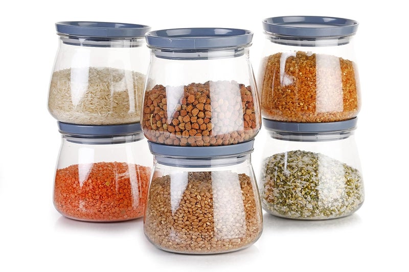 ELLORA Smart Curve Airtight Kitchen Storage Container Matuki/Matka Design Leakproof Containers for Multipurpose Storage - 850 ml Plastic Grocery Container (Pack of 6, Grey) - Image 1