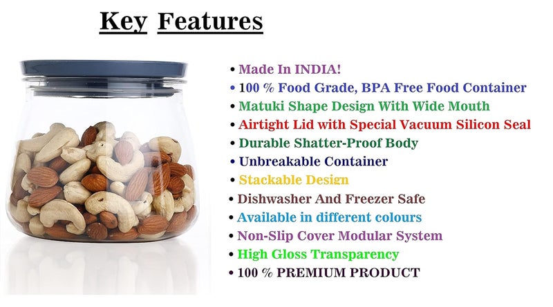 ELLORA Smart Curve Airtight Kitchen Storage Container Matuki/Matka Design Leakproof Containers for Multipurpose Storage - 850 ml Plastic Grocery Container (Pack of 6, Grey) - Image 3