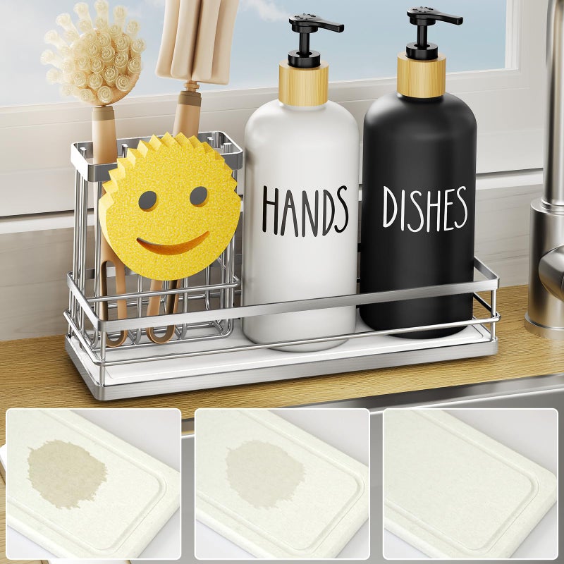 Moforoco Kitchen Dish Soap Dispenser Set  16OZ Glass Bottle  Hand and Dish Soap Dispenser Set  Instant Dry Tray  Non-Slip Silicone Pad  Brush Holder with Smiley Face Sponge Holder  Kitchen Decor - Image 1