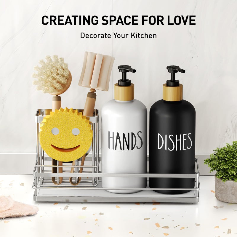 Moforoco Kitchen Dish Soap Dispenser Set  16OZ Glass Bottle  Hand and Dish Soap Dispenser Set  Instant Dry Tray  Non-Slip Silicone Pad  Brush Holder with Smiley Face Sponge Holder  Kitchen Decor - Image 5