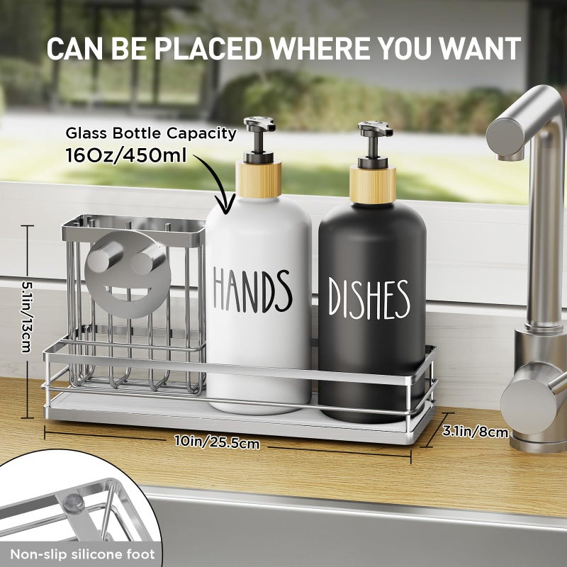 Moforoco Kitchen Dish Soap Dispenser Set  16OZ Glass Bottle  Hand and Dish Soap Dispenser Set  Instant Dry Tray  Non-Slip Silicone Pad  Brush Holder with Smiley Face Sponge Holder  Kitchen Decor - Image 3