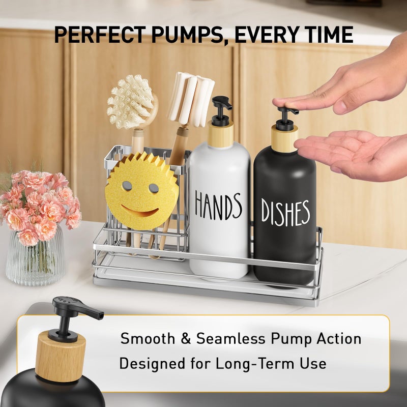 Moforoco Kitchen Dish Soap Dispenser Set  16OZ Glass Bottle  Hand and Dish Soap Dispenser Set  Instant Dry Tray  Non-Slip Silicone Pad  Brush Holder with Smiley Face Sponge Holder  Kitchen Decor - Image 4