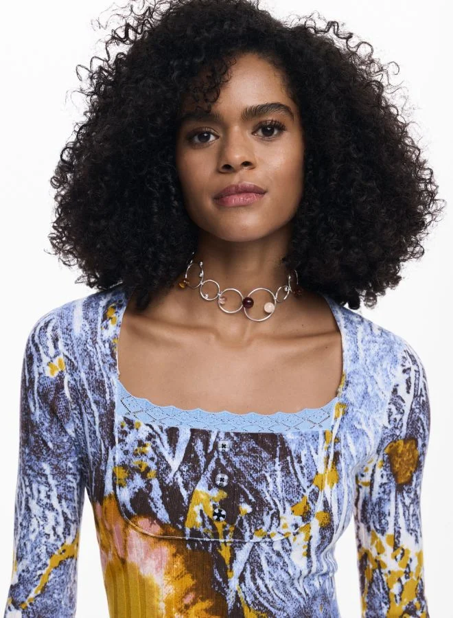 DESIGUAL blue and brown abstract print Ribbed Dress With Buttons for Women | Best Price UAE