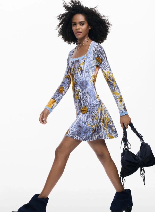 DESIGUAL blue and brown abstract print Ribbed Dress With Buttons for Women | Best Price UAE