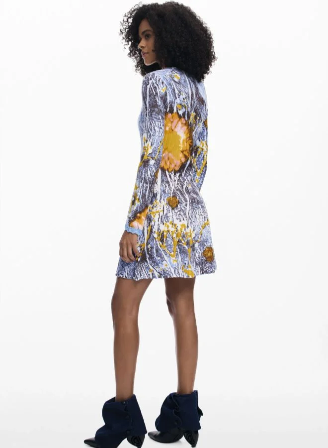 DESIGUAL blue and brown abstract print Ribbed Dress With Buttons for Women | Best Price UAE