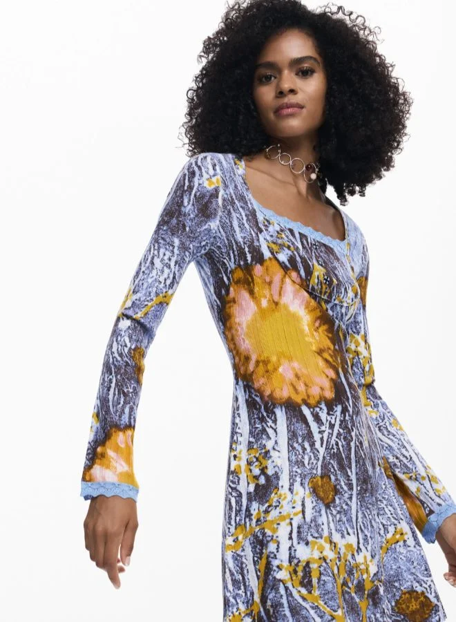 DESIGUAL blue and brown abstract print Ribbed Dress With Buttons for Women | Best Price UAE