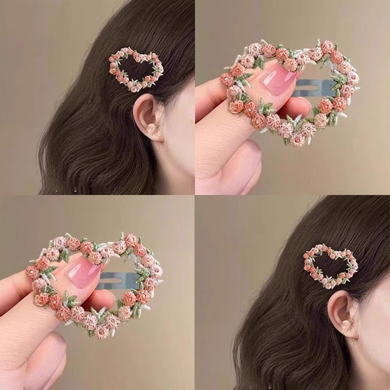 Women's Pink Floral Hair Clip - Love BB Clip Side Fringe Hairpin - Image 2