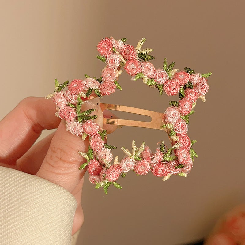 Women's Pink Floral Hair Clip - Love BB Clip Side Fringe Hairpin - Image 5