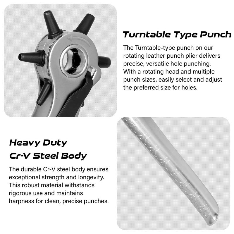 Deli DL1919C 9" كماشة ثقب مع 6 أحجام ثقوب قابلة للتعديل Crv+ و فولاذ مدلفن على البارد مطلي بالكروم معالجة حرارية أداة إصلاح ثقب حزام جلد (عبوة من 1، فضي) - Image 5