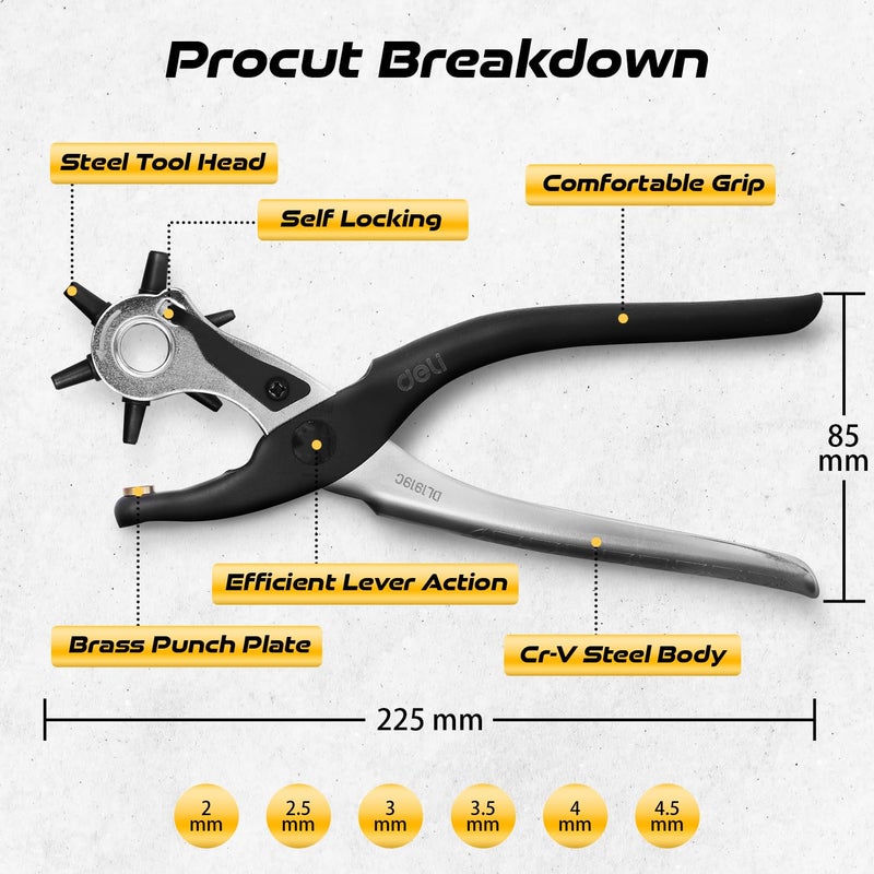 Deli DL1919C 9" كماشة ثقب مع 6 أحجام ثقوب قابلة للتعديل Crv+ و فولاذ مدلفن على البارد مطلي بالكروم معالجة حرارية أداة إصلاح ثقب حزام جلد (عبوة من 1، فضي) - Image 4