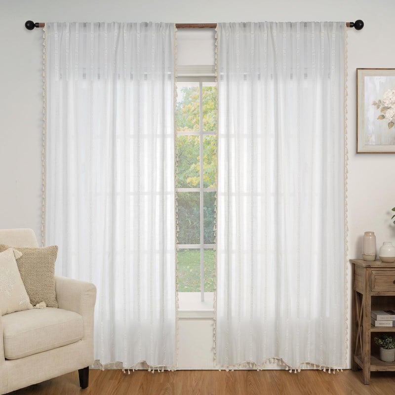 ColorBird Boho Curtains White Drapes 84 Inches Long for Living Room Farmhouse Cottage Core Light Filtering Embroidered Striped Window Treatment for Bedroom Dining Closet Boho Chic Decor - Image 5