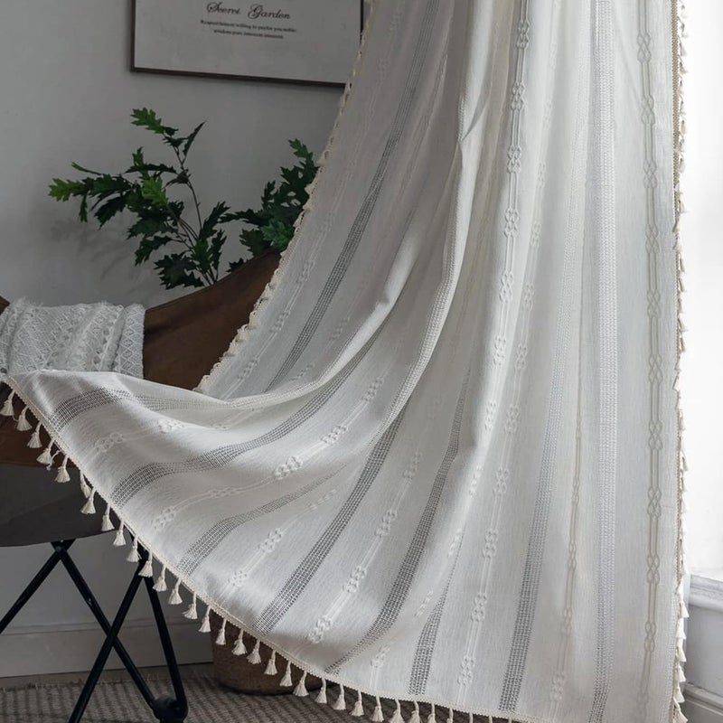 ColorBird Boho Curtains White Drapes 84 Inches Long for Living Room Farmhouse Cottage Core Light Filtering Embroidered Striped Window Treatment for Bedroom Dining Closet Boho Chic Decor - Image 1